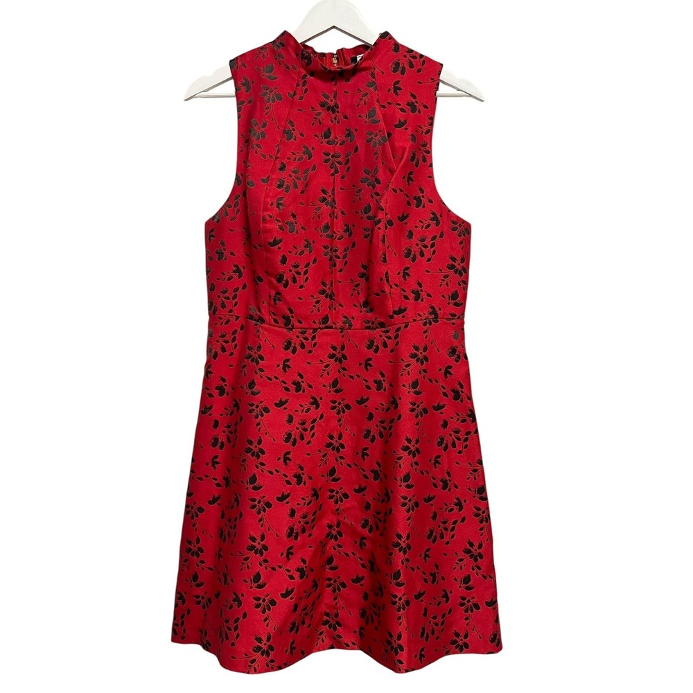 Kensie Dress Womens Medium Red Floral Jacquard High Neck Fit & Flare Mini Party
